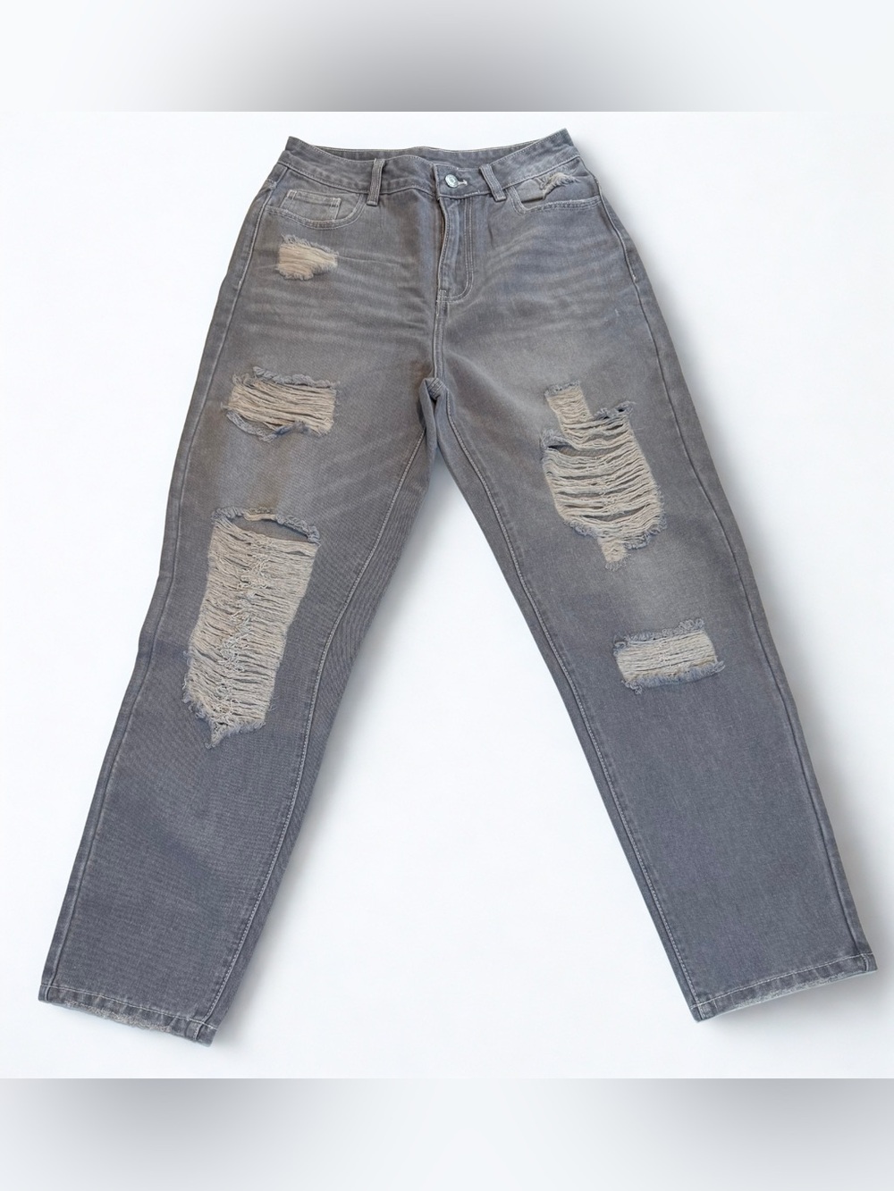 Grey Distressed Women's Jeans - Casual High-Rise Ripped Denim S